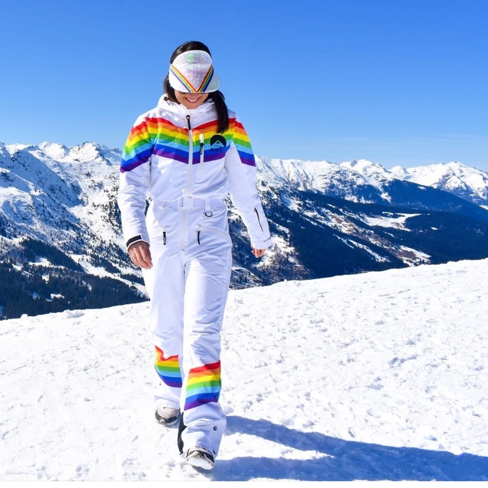OOSC Rainbow Road Womens All in One Ski Suit, Size XS | White Rainbow Retro Ski